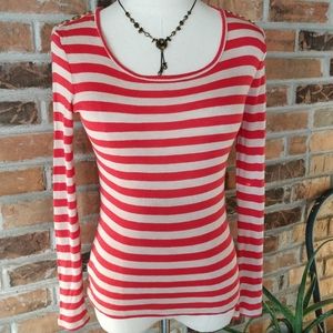 Ann Taylor Pumpkin Striped Scoop Neck Shirt XS Long Sleeve B3